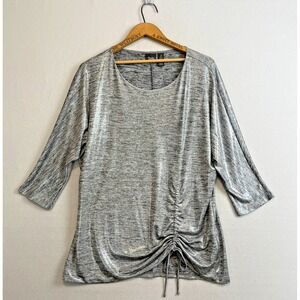 CHICOS Travelers Silver Top Womens Size 2 Medium Slinky Knit 3/4 Sleeve Ruched